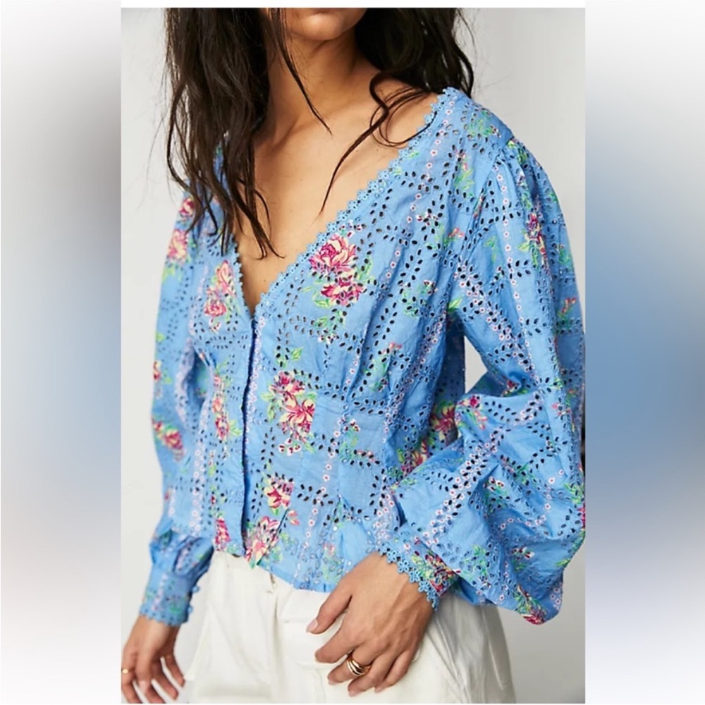 Free People Floral Blue Eyelet Blouse XS